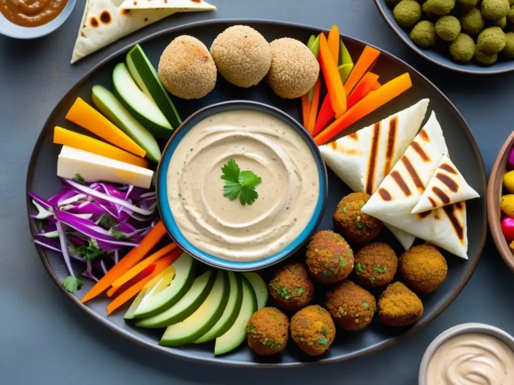 Un deleite visual de plato de mezze del Medio Oriente, resaltando técnicas culinarias únicas