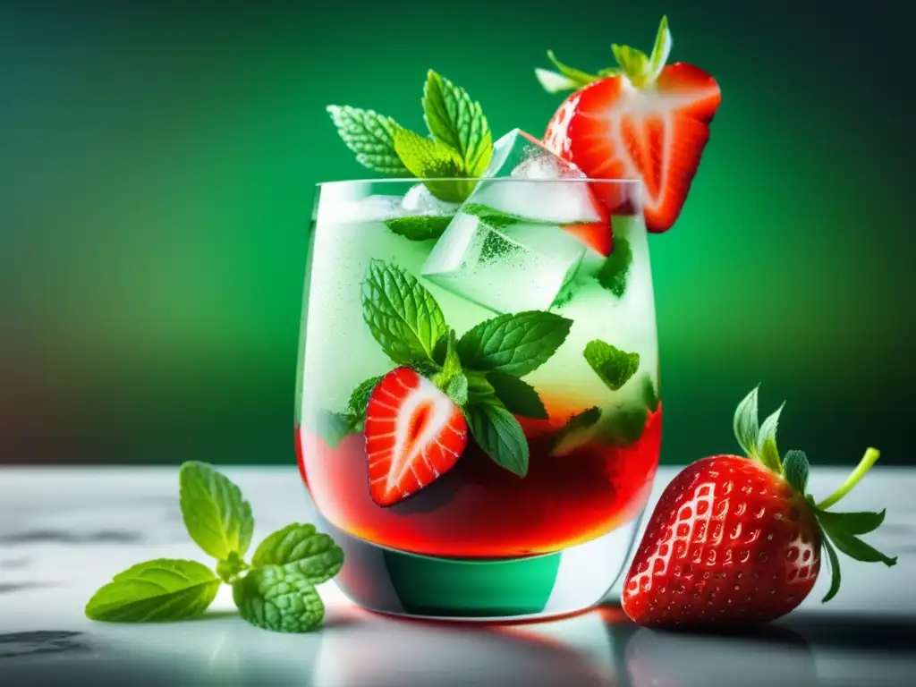 Cocktail de fresas con hojas de menta y hielo triturado, un refrescante cóctel lleno de frutas para cócteles