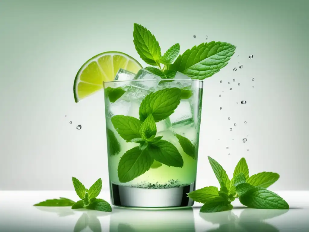 Mojito refrescante con hielo triturado, hojas de menta, limón y agua con gas