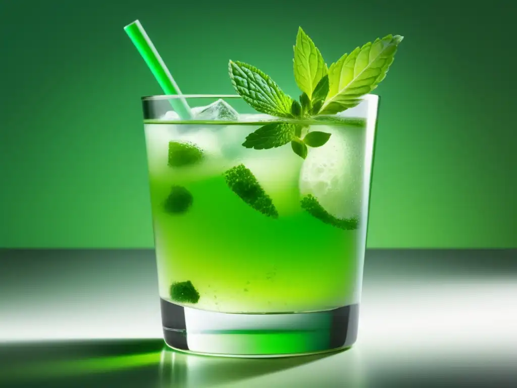 La historia del mojito: Un cóctel revolucionario en un vaso moderno con líquido verde y burbujas, decorado con una ramita de menta