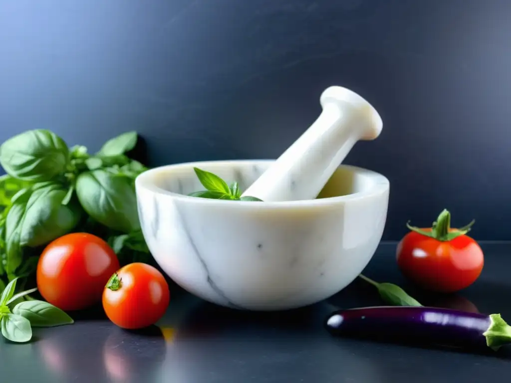 Quesos veganos: aprende a elaborarlos en casa con un mortero y pestle de mármol blanco rodeado de vegetales frescos y hierbas aromáticas