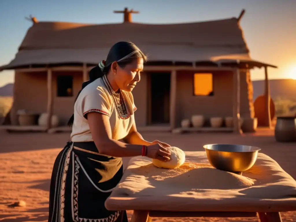 Cocina Navajo: Tradición y sabores indígenas en una imagen 8k de una mujer Navajo amasando masa en una casa rústica