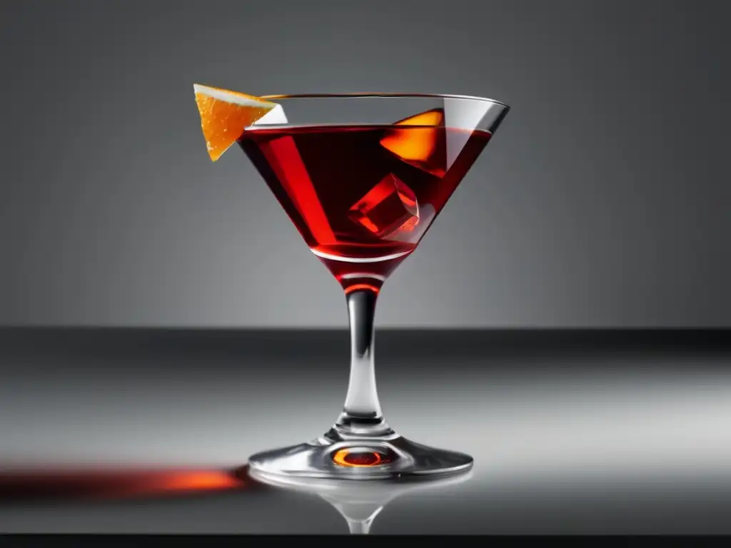 Negroni: Cóctel italiano icónico, minimalista y atractivo en vaso de cristal con tonos rojizos y toque de naranja