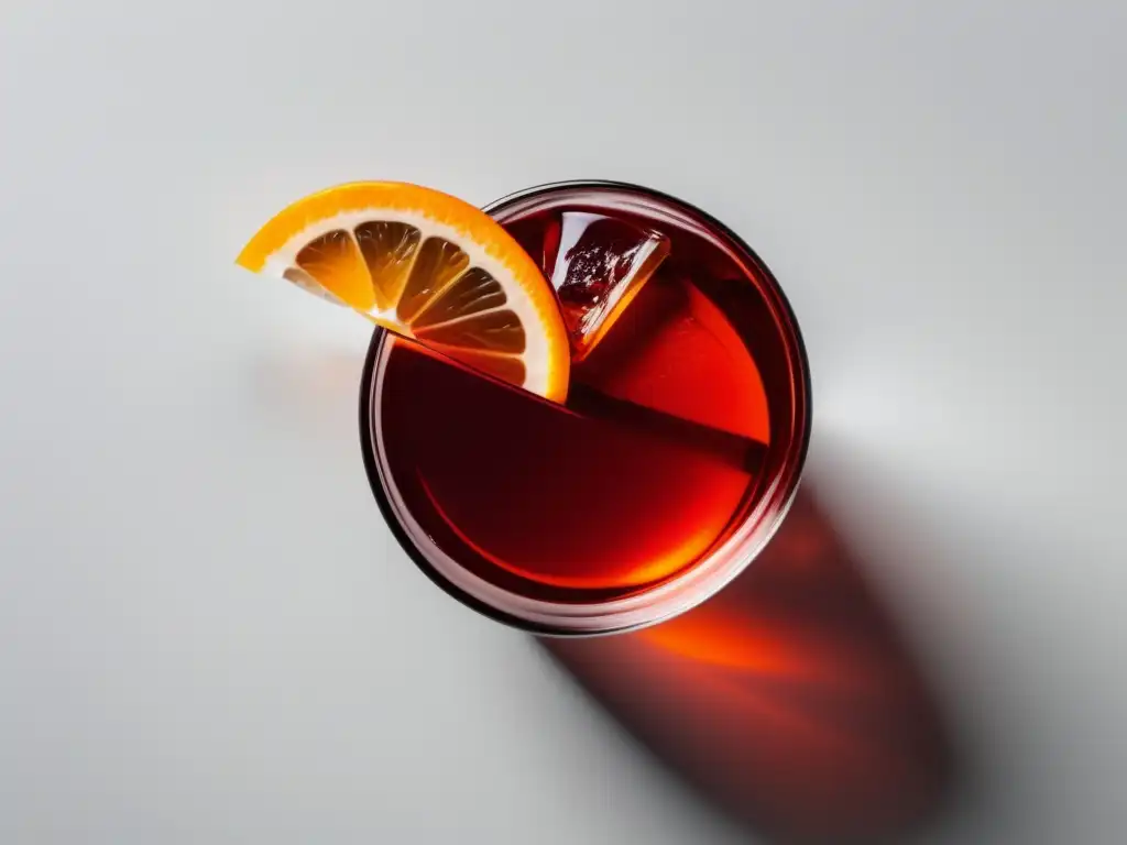 Negroni: Cóctel italiano en vidrio con líquido rojo vibrante, adornado con naranja, en superficie blanca