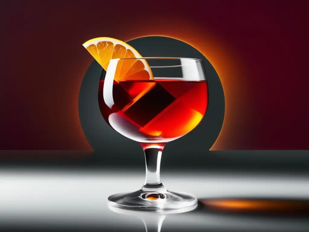 Un Negroni: Cóctel italiano elegante con colores vibrantes, Campari rojo intenso, gin dorado y vermut ámbar