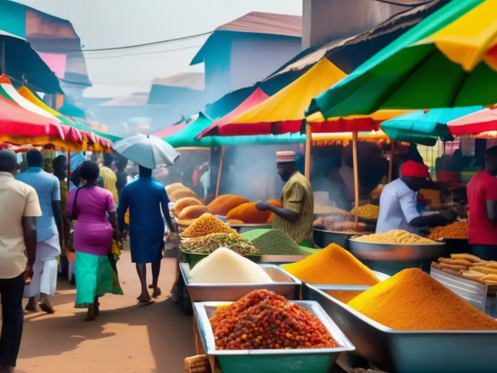 Un paseo por los sabores de la comida callejera en Nigeria: vibrante mercado con colores, actividad y deliciosos platos nigerianos