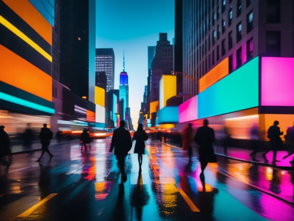 Escena nocturna de una bulliciosa calle de Nueva York, con luces de neón y rascacielos reflejando energía urbana