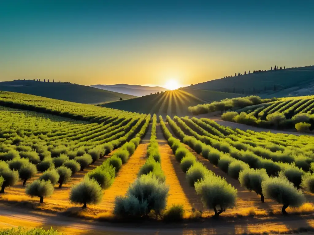 Aceitunas en un olivar al atardecer