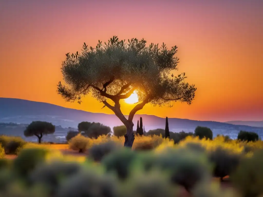 Árbol de olivo con aceitunas en atardecer mediterráneo