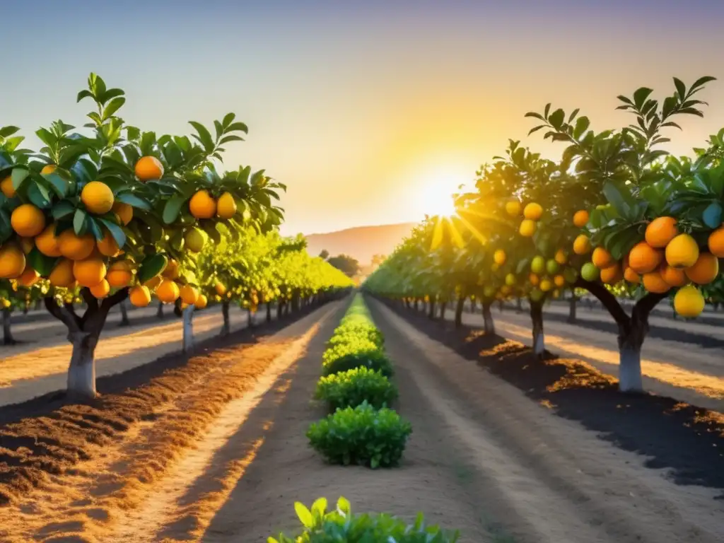 Un vibrante huerto de cítricos al amanecer, con árboles ordenados y cargados de frutas cítricas maduras en colores vivos