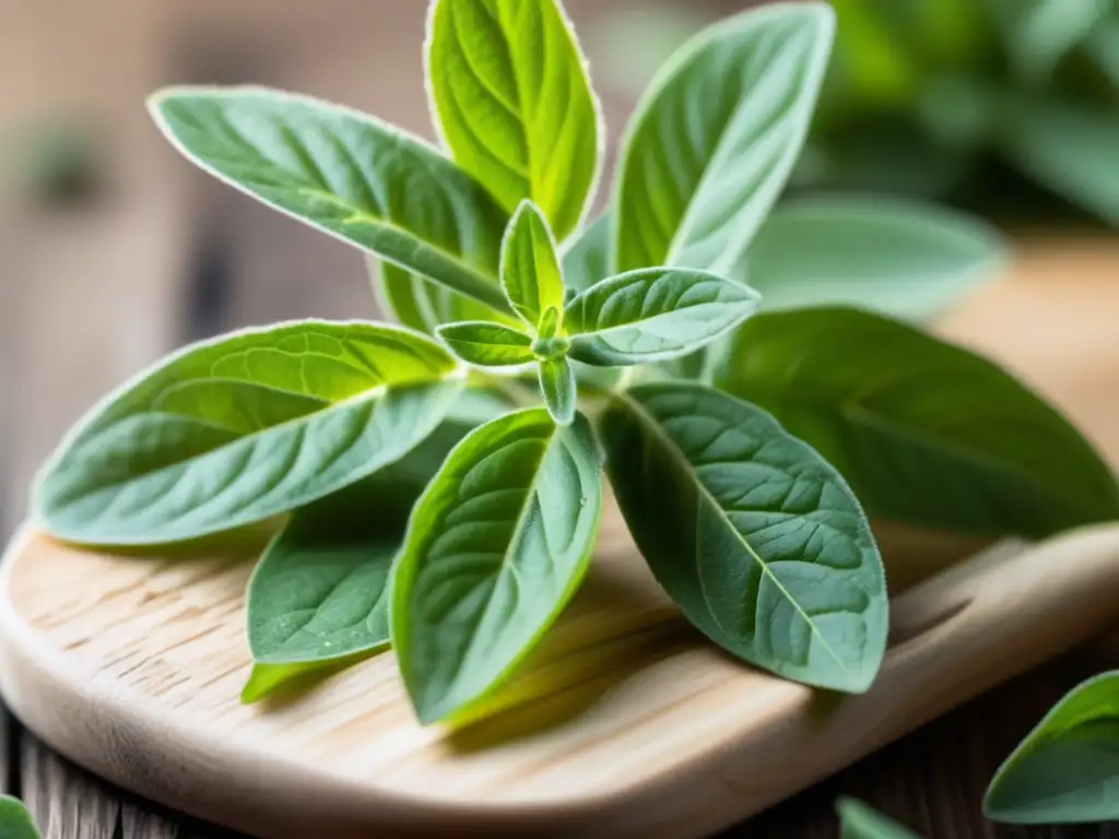 Un clásico infaltable en la cocina italiana: oregano fresco en tabla de cortar rústica junto a otras hierbas como albahaca y romero