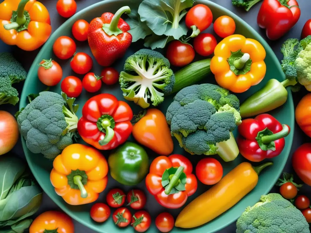 Una composición vibrante de alimentos orgánicos: fresas maduras, pimientos de colores, kale verde, tomates jugosos y brócoli fresco, en una disposición simétrica