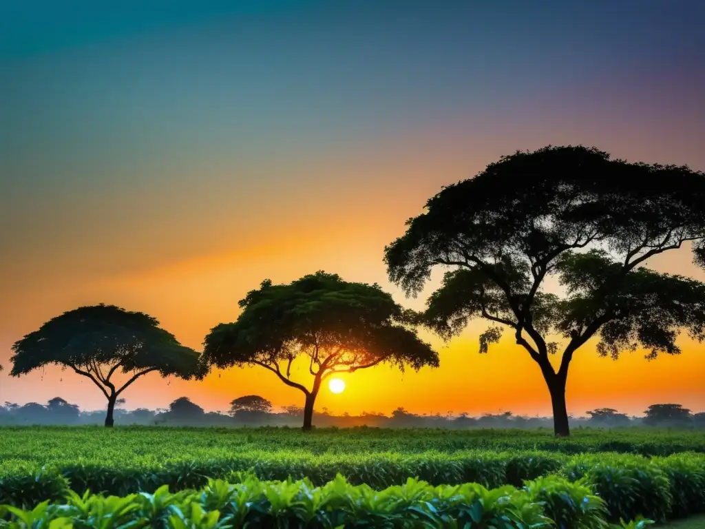 Festival del Mango en India: Siluetas de árboles crean un patrón cautivador en un vibrante huerto de mangos al atardecer