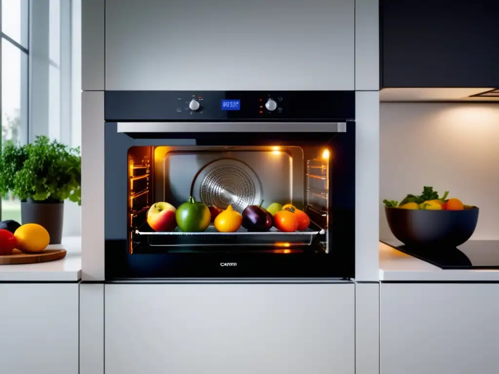 Horno eléctrico moderno con frutas y utensilios de cocina