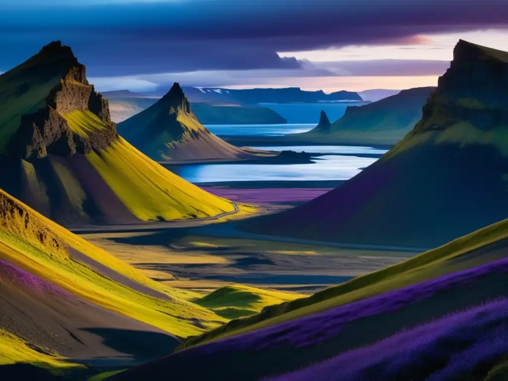 Los Tesoros Gastronómicos de la Cocina Islandesa: Un paisaje abstracto impresionante de Islandia al anochecer, con montañas volcánicas, acantilados cubiertos de musgo y un tranquilo fiordo de fondo