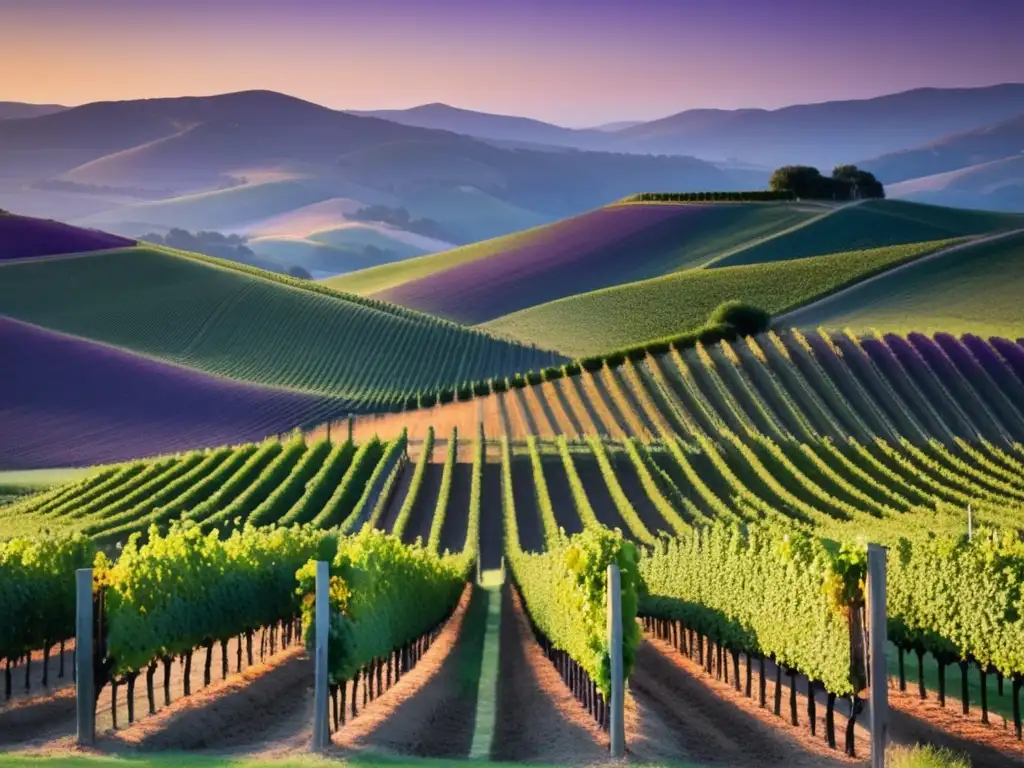 Paisaje de viñedos al atardecer, transmitiendo la belleza y serenidad del arte de hacer vino