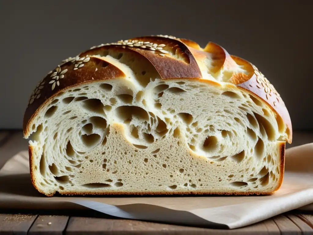 Delicioso pan de centeno europeo con una corteza dorada y miga húmeda, acompañado de granos y romero fresco