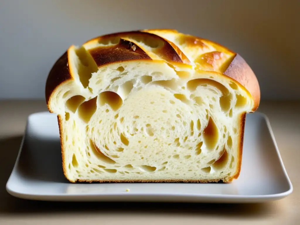 Fascinantes efectos de grasas en panadería: pan dorado con mantequilla derretida, plato minimalista, fondo cálido