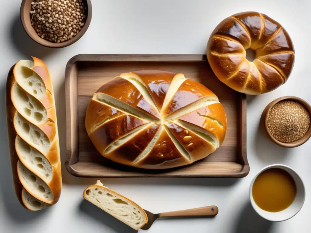 Panadería Mediterránea: Mesa de madera rústica con panes recién horneados y variedad de harinas