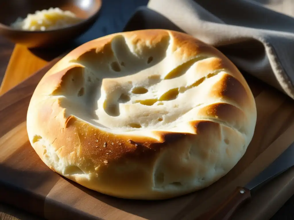 Pan Pita de oro en tabla rústica, texturizado y esponjoso, simbolizando la cocina tradicional del Medio Oriente