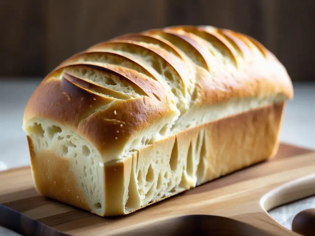 Pan vegano casero, dorado y crujiente, en tabla de madera