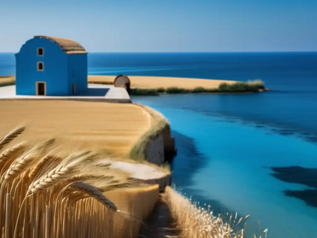 Panadería en la cocina mediterránea: imagen abstracta que muestra el origen y cultura del pan, con mar Mediterráneo, trigo dorado y mercado vibrante