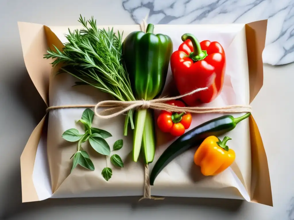 Cocción al papelote: Pergamino de verduras y hierbas aromáticas en vibrantes colores