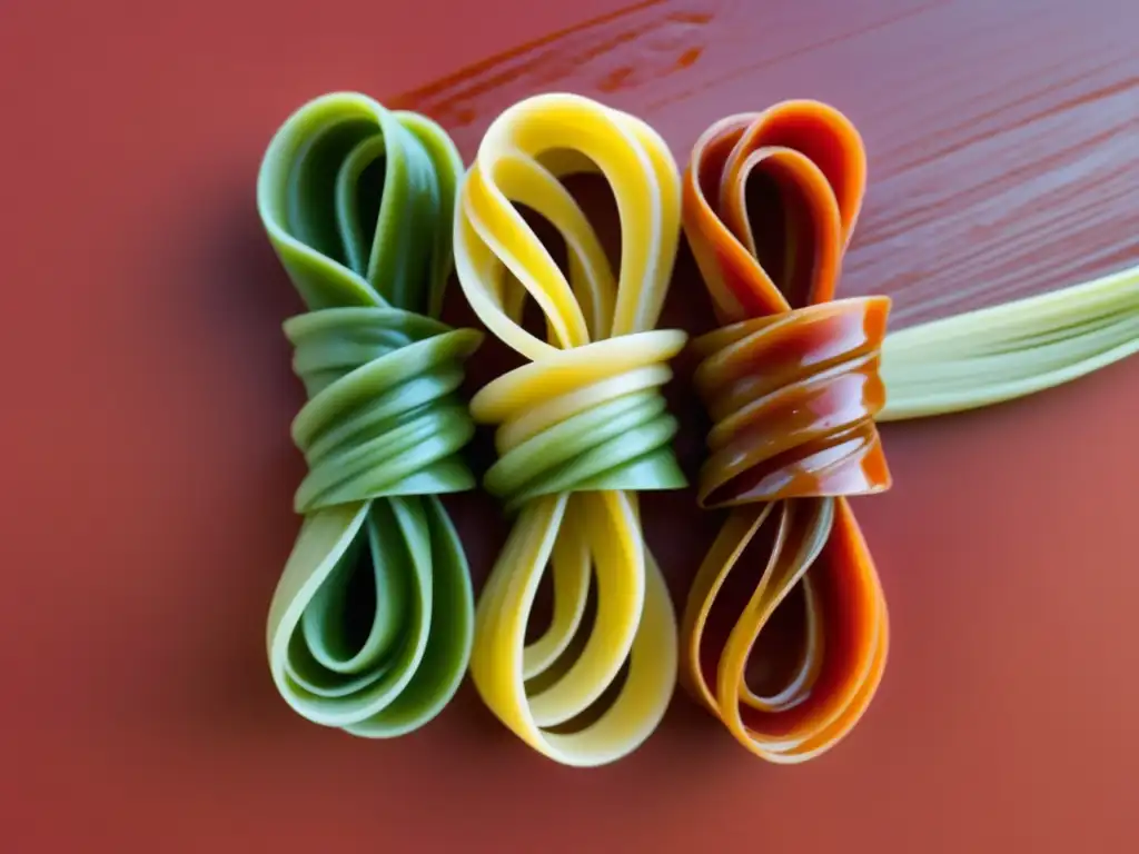 Pasta en cocina mediterránea con salsas roja, verde y blanca entrelazadas