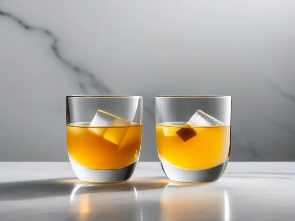 Un cóctel moderno con sabor clásico: dos copas de cristal con el Penicillin, una dorada y la otra sin alcohol, decoradas con tomillo y jengibre en un elegante mostrador de mármol blanco