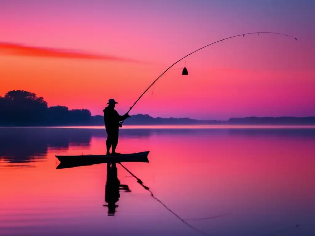 Pescador en lago al amanecer, reflejos vívidos en agua, silueta destacada, pesca tradicional