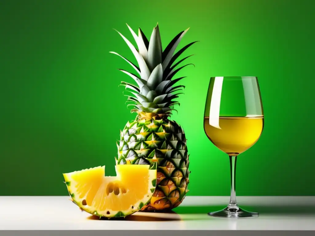 Imagen minimalista: Piña vibrante y copa de vino blanco frutal