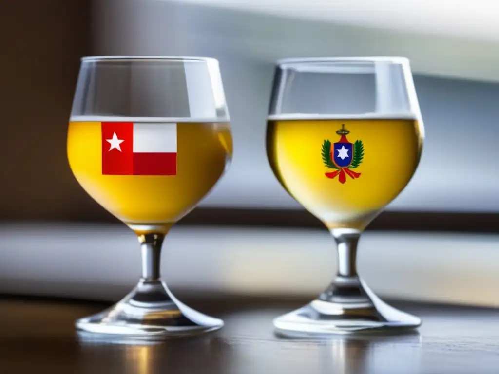 Dos copas de Pisco, una peruana y otra chilena, llenas de líquido dorado y decoradas con banderas