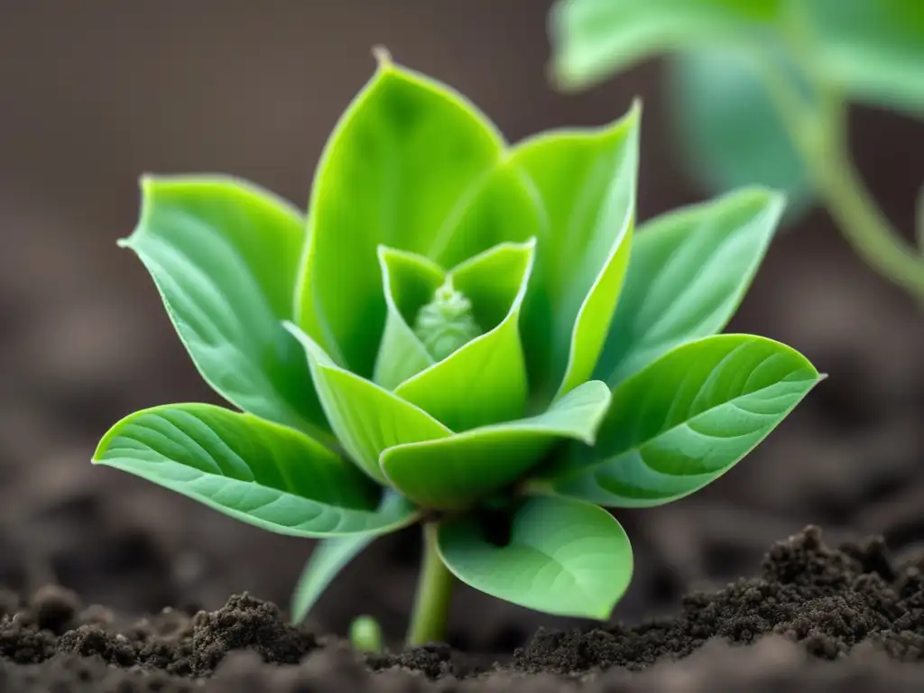 Detalle impresionante de una planta de wasabi emergiendo de la tierra, con hojas verdes vibrantes y bordes serrados