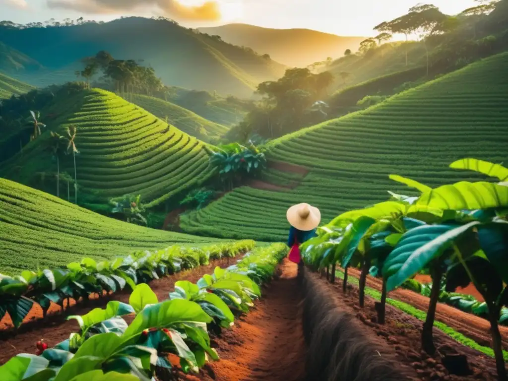 Plantación de café al amanecer, con filas de plantas y cerezas rojas brillantes