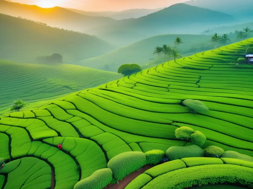 Plantación de té al amanecer, vista desde arriba