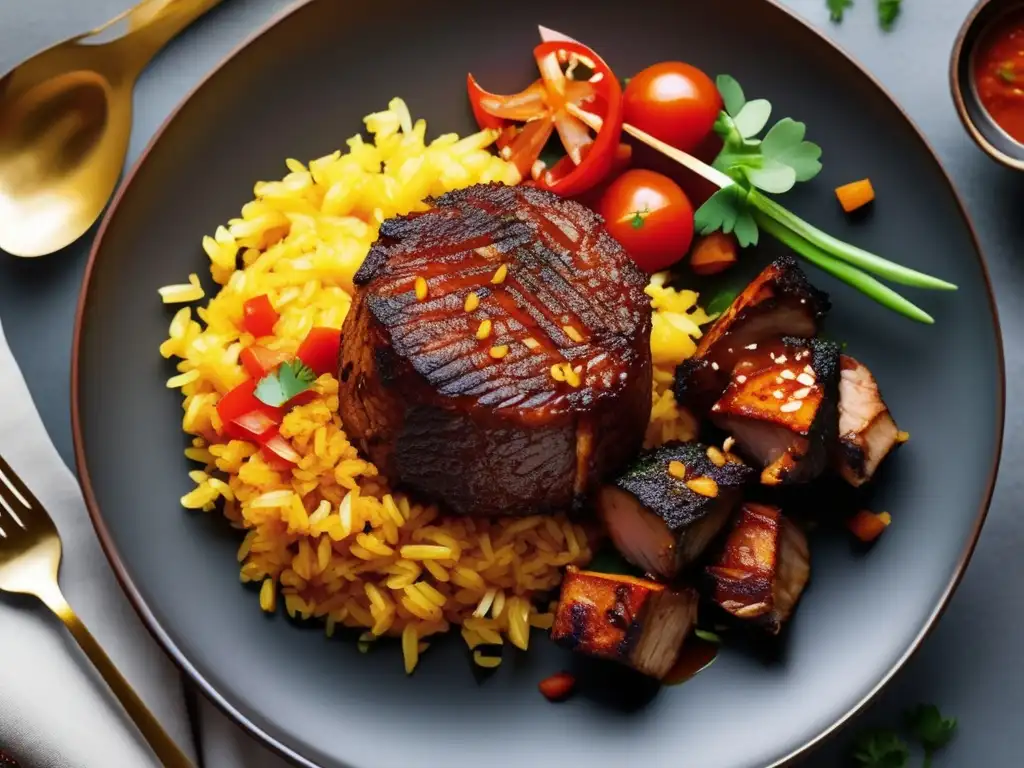 Plato africano con arroz jollof dorado, carnes a la parrilla, salsa de tomate y vegetales