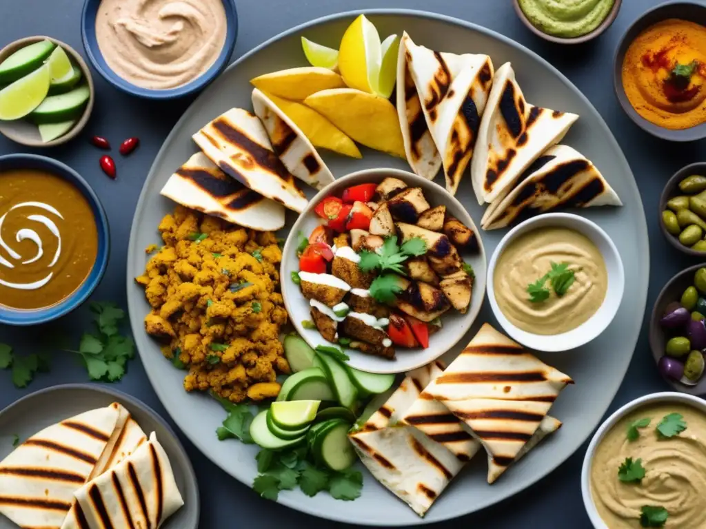 Plato de cocina de Oriente Medio con pollo shawarma, hummus, falafel y hierbas frescas