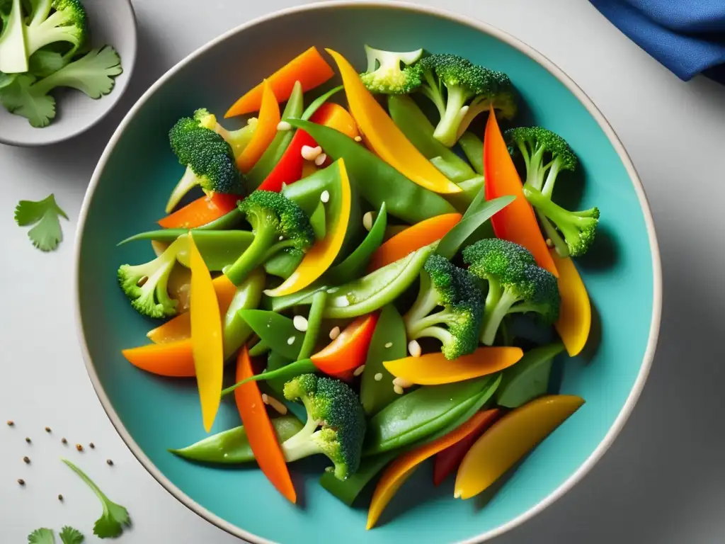 Plato de cocina asiática vegetariana con verduras vibrantes y coloridas, presentado de forma artística