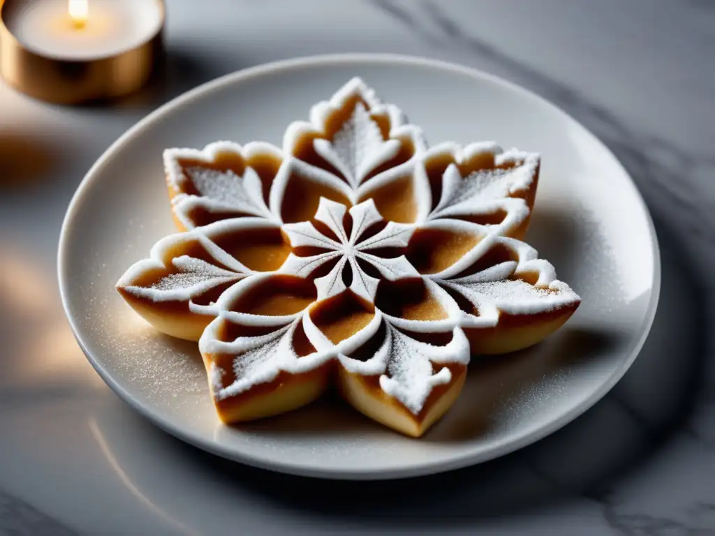 Plato blanco adornado con azúcar en polvo y escultura de caramelo, mostrando el verdadero rol del azúcar moreno en repostería