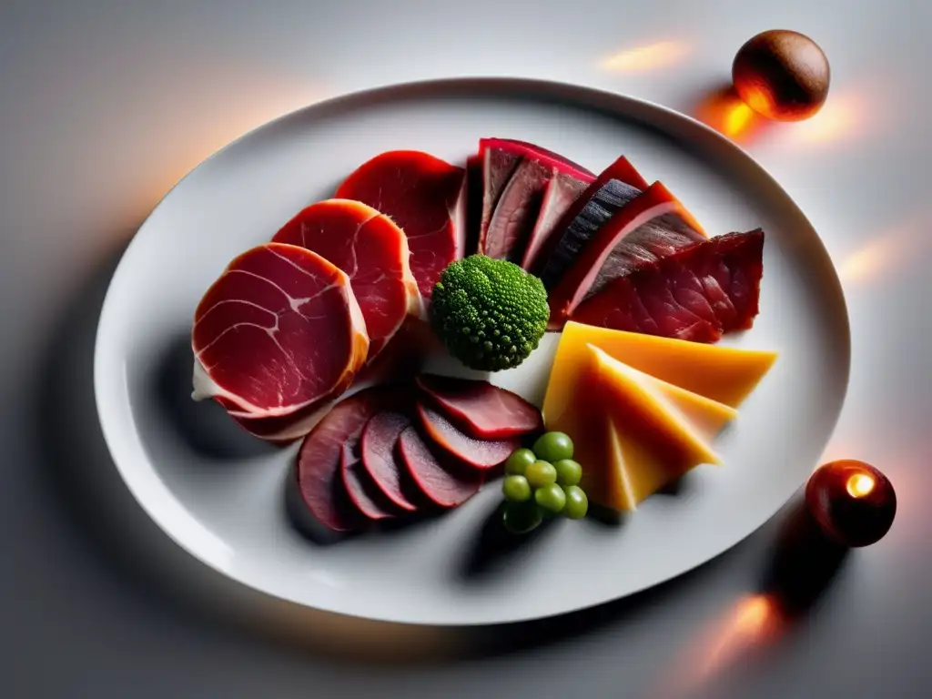 Carnes exóticas en elegante plato blanco, arregladas con detalle en patrón cautivador