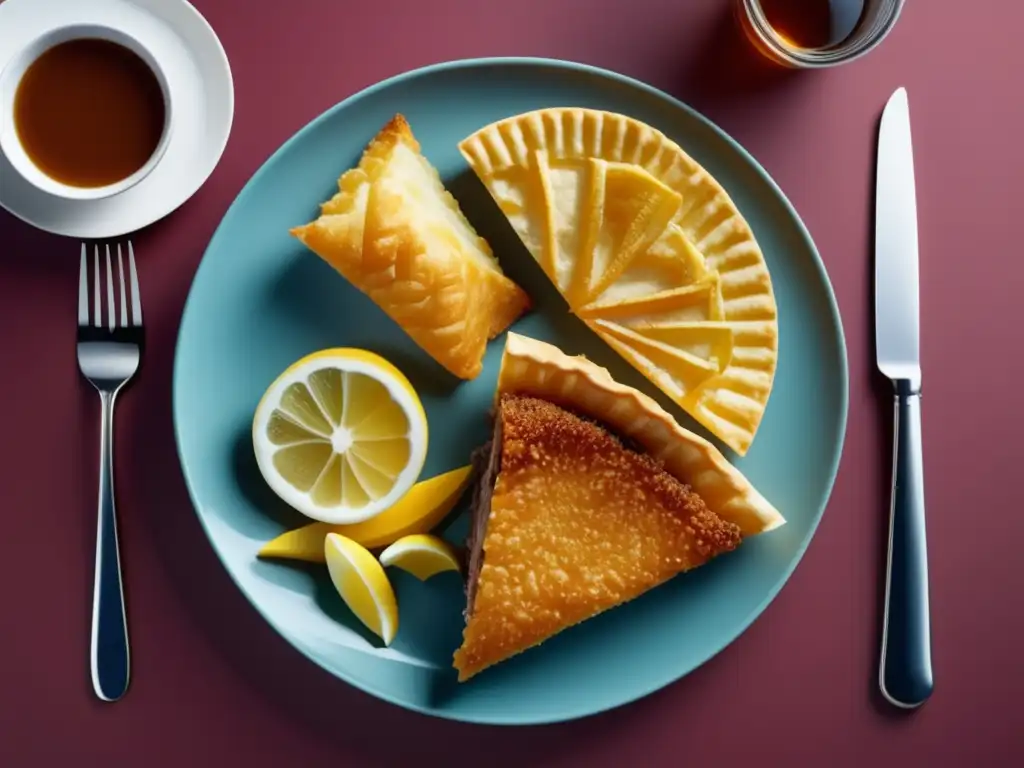 Comida británica: plato colorido con fish and chips, pie de carne y puré de papas cremoso