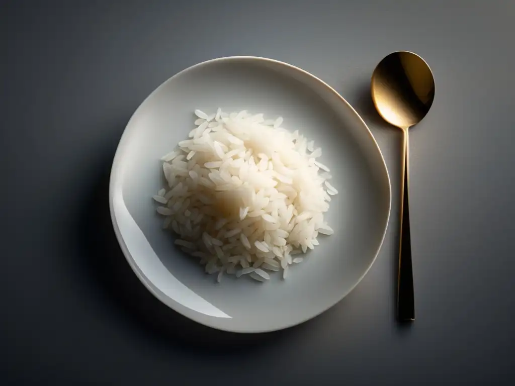 Arroz basmati perfectamente cocido en un plato blanco sobre una mesa minimalista, resaltando su pureza y elegancia