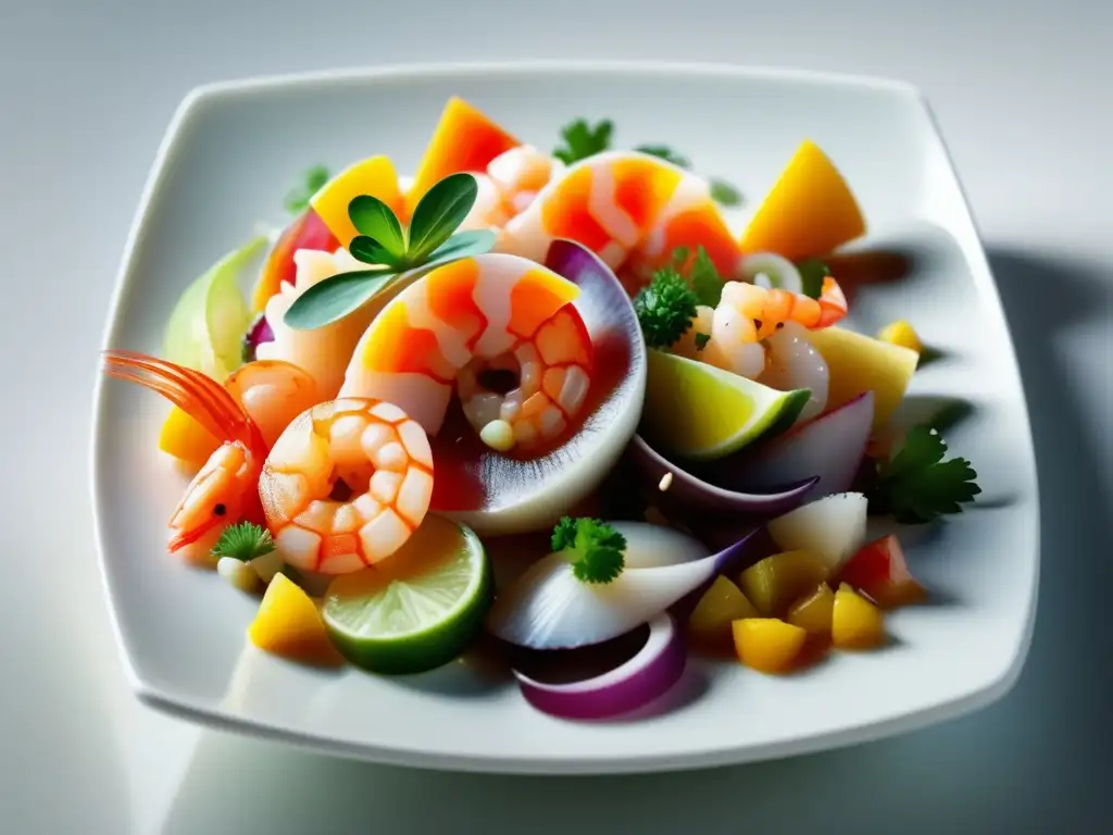 Ceviche ultradetallado 8k en plato cuadrado blanco con mariscos y ingredientes vibrantes