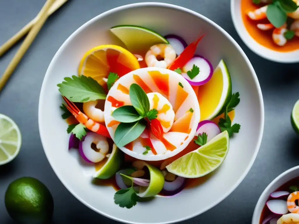 Ceviche de mariscos y sabores frescos en un plato blanco minimalista