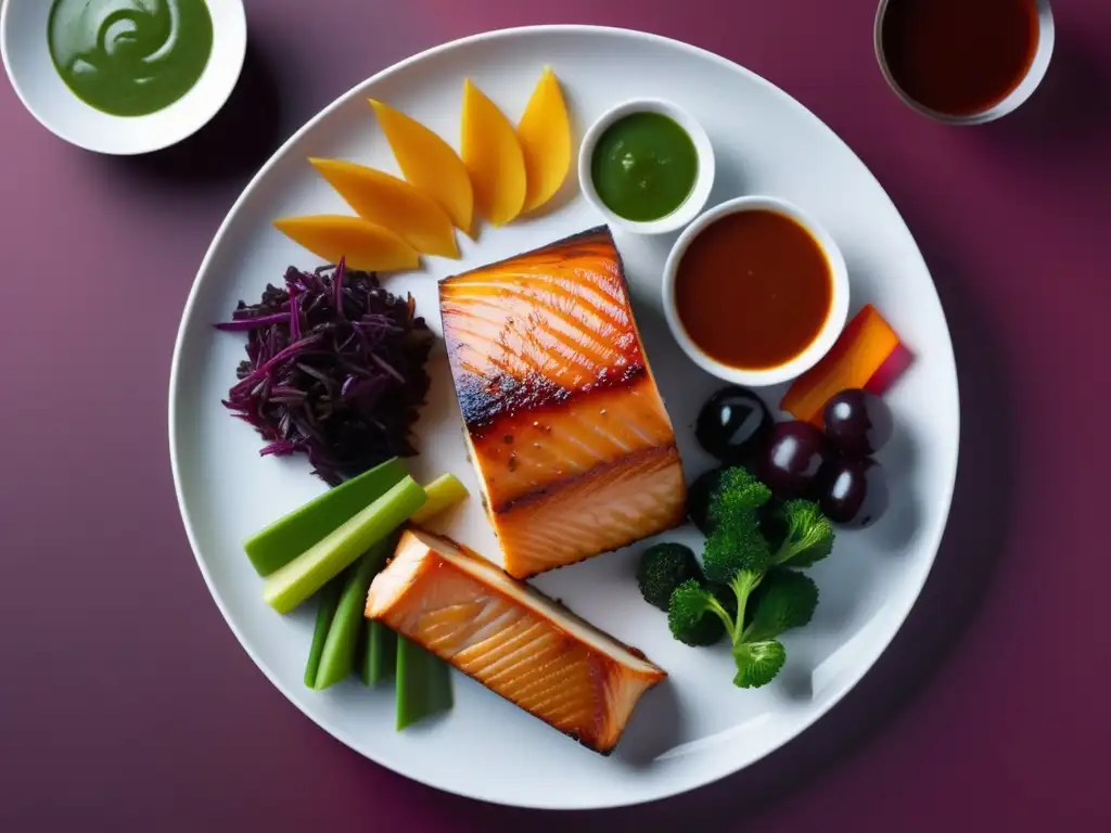 Plato de cocina canadiense con sabores locales e internacionales, destacando el salmón glaseado con maple, poutine y postre de maple