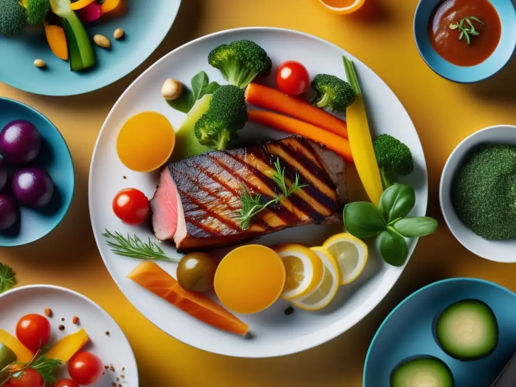 Plato de comida colorido y artístico, con enfoque en carne o pescado jugoso y caramelizado