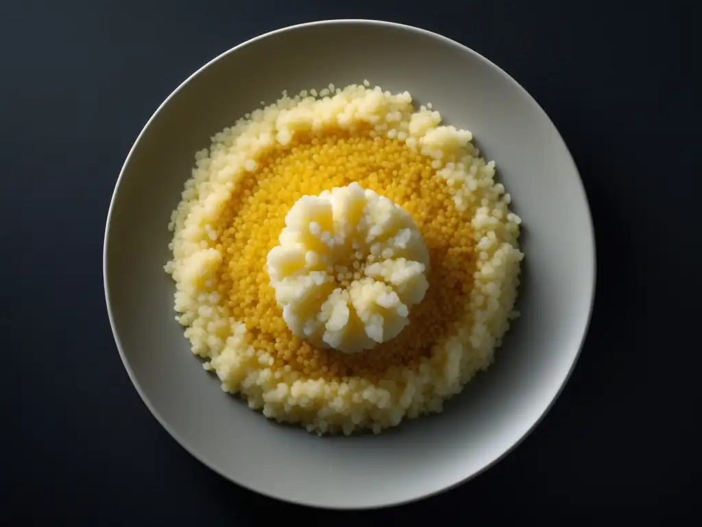 Plato de couscous blanco, perfectamente centrado, con textura delicada y patrón simétrico