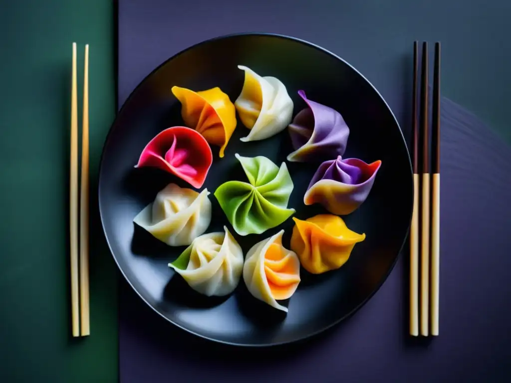 El Exquisito Arte de los Dumplings: Un Recorrido por Asia - Dumplings coloridos y vibrantes en un plato negro, representando la diversidad de sabores e ingredientes en Asia