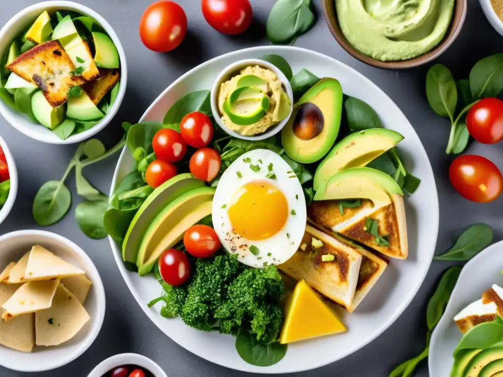 Deliciosos platos sin huevo: ensalada fresca, hummus cremoso, pasta con salsa de tomate, pancakes esponjosos