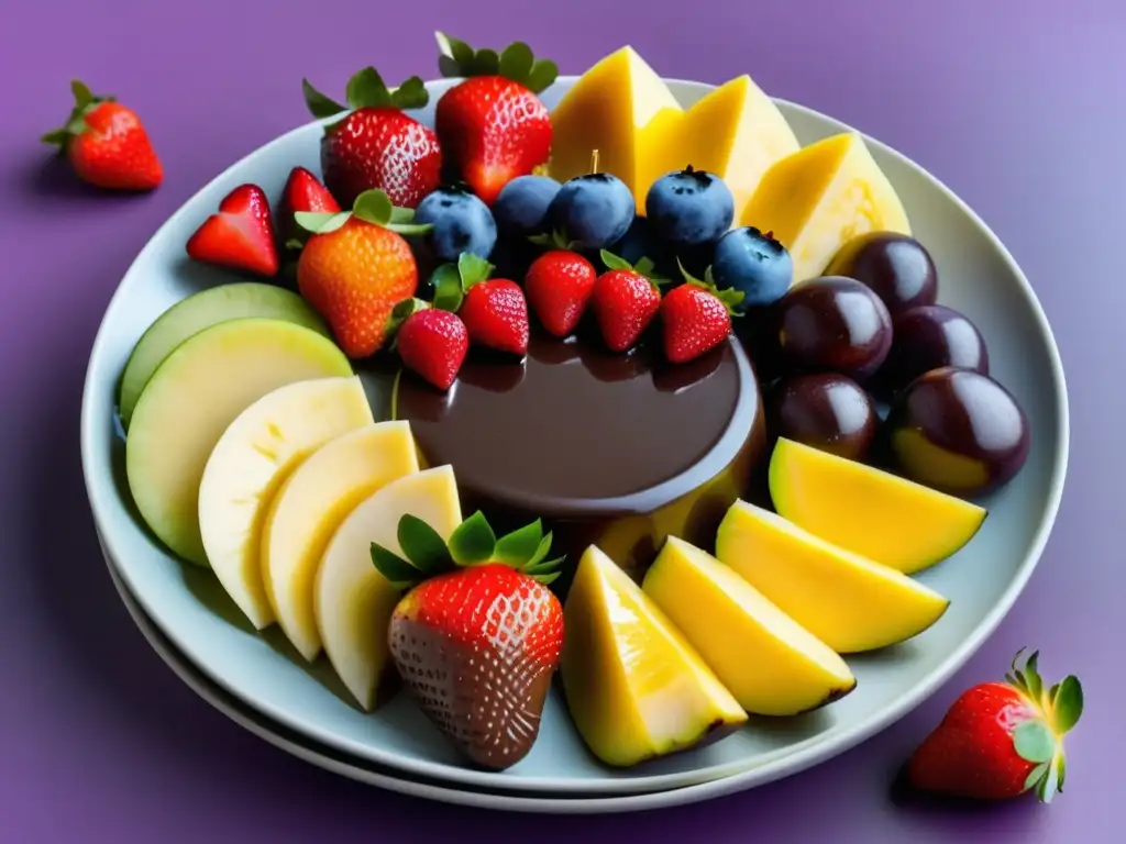 Frutas y chocolates: plato de frutas coloridas bañadas en chocolate, con detalles y elegancia